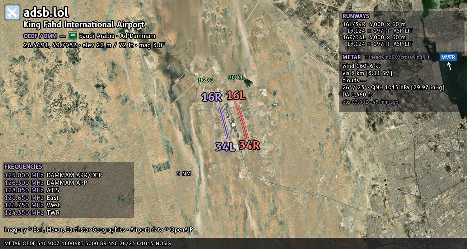 Satellite map with the runway layout of King Fahd International Airport (OEDF)