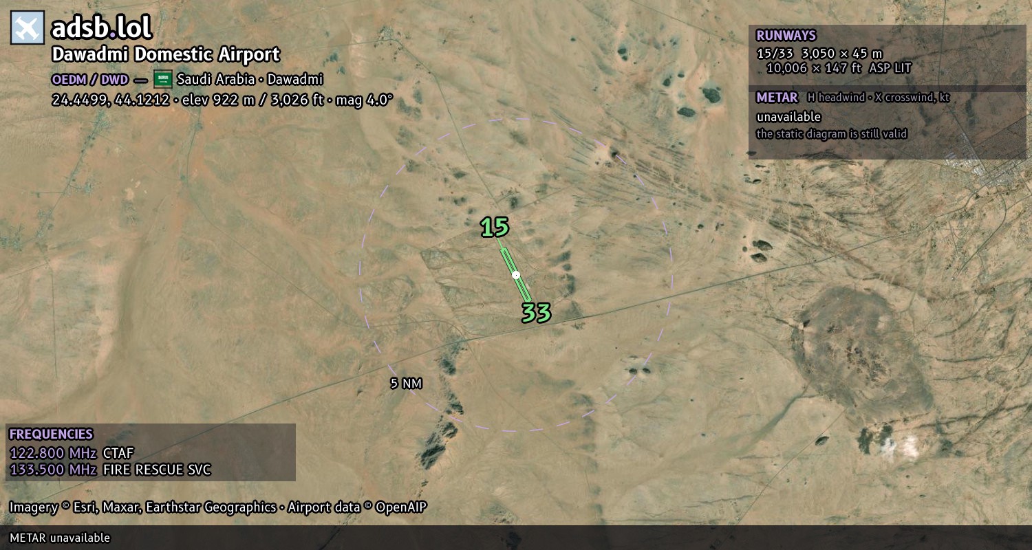 Satellite map with the runway layout of Dawadmi Domestic Airport (OEDM)
