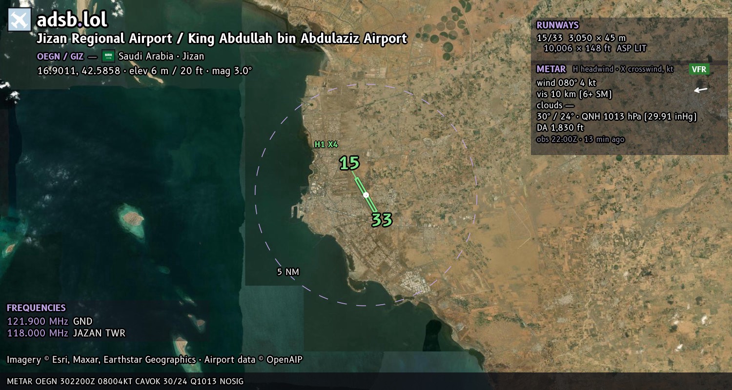 Satellite map with the runway layout of Jizan Regional Airport / King Abdullah bin Abdulaziz Airport (OEGN)
