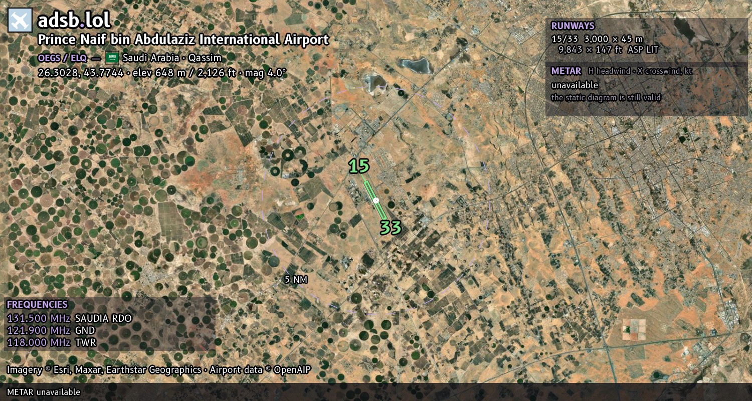 Satellite map with the runway layout of Prince Naif bin Abdulaziz International Airport (OEGS)
