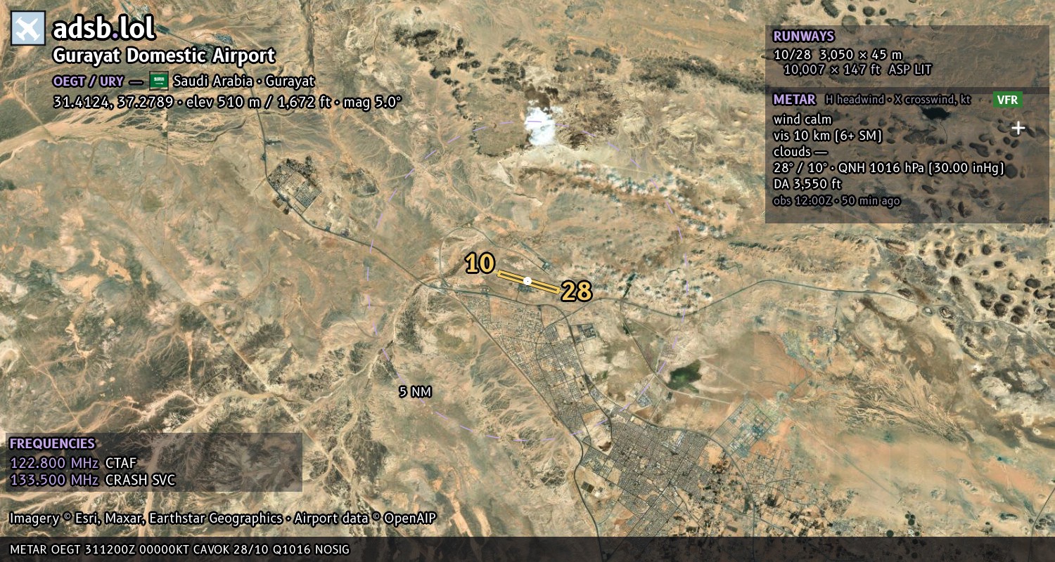 Satellite map with the runway layout of Gurayat Domestic Airport (OEGT)