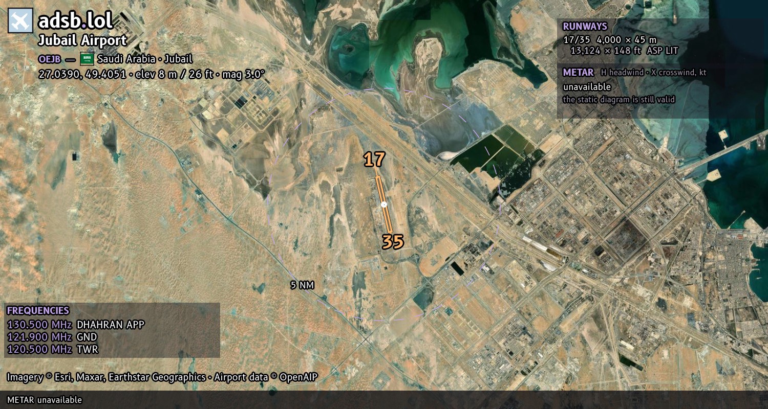 Satellite map with the runway layout of Jubail Airport (OEJB)