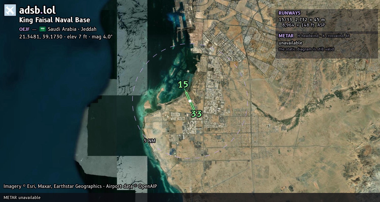 Satellite map with the runway layout of King Faisal Naval Base (OEJF)