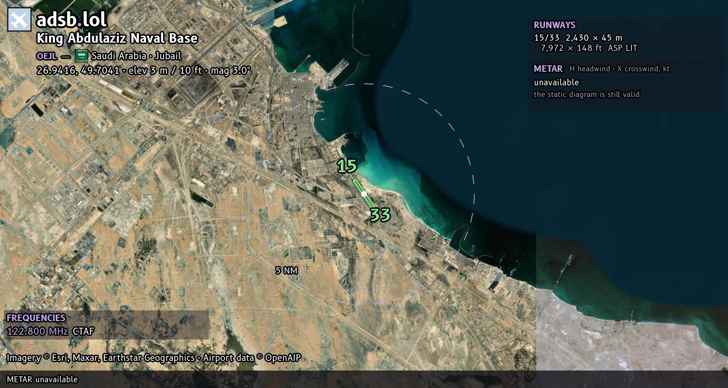 Satellite map with the runway layout of King Abdulaziz Naval Base (OEJL)