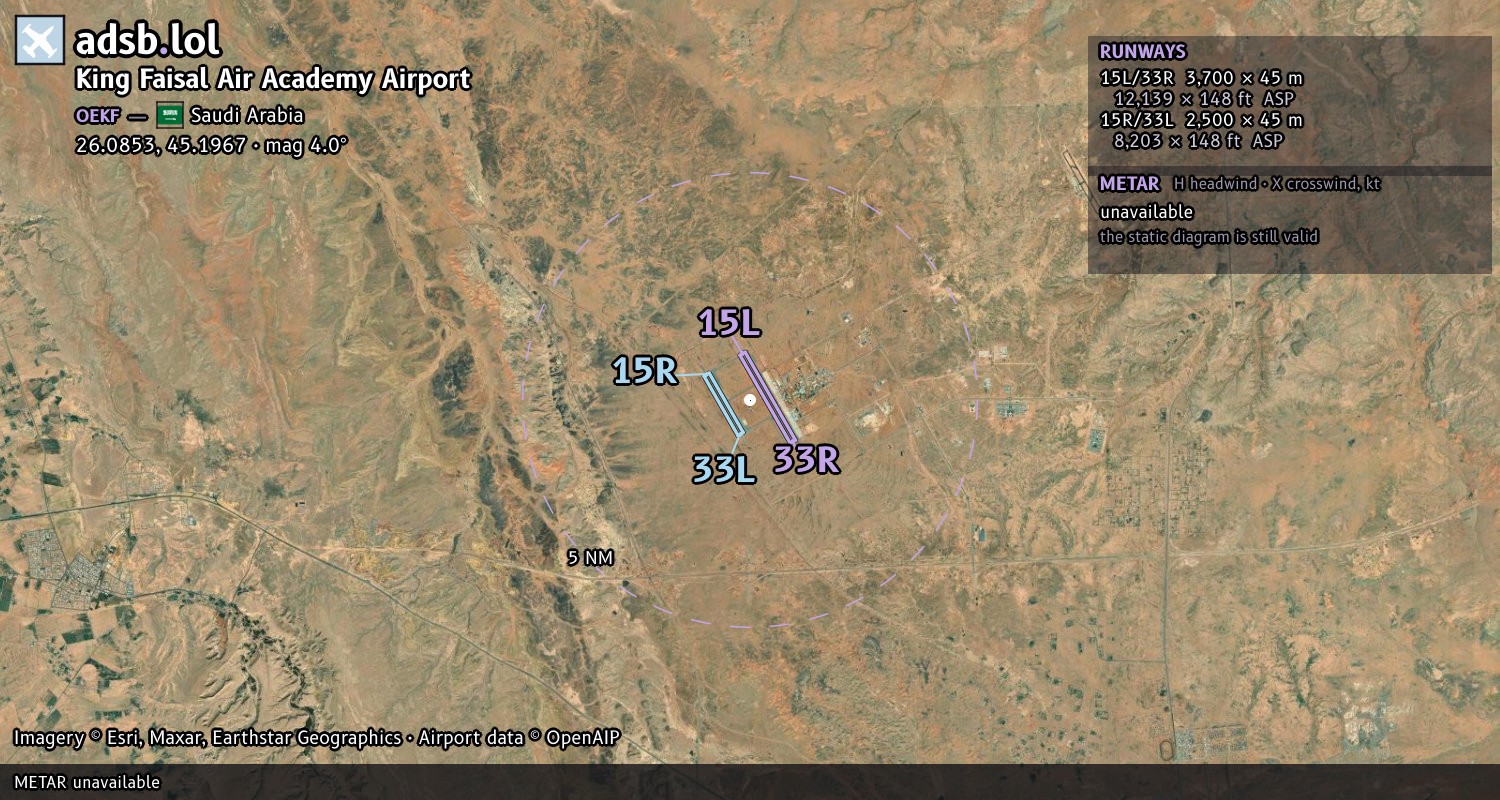 Satellite map with the runway layout of King Faisal Air Academy Airport (OEKF)