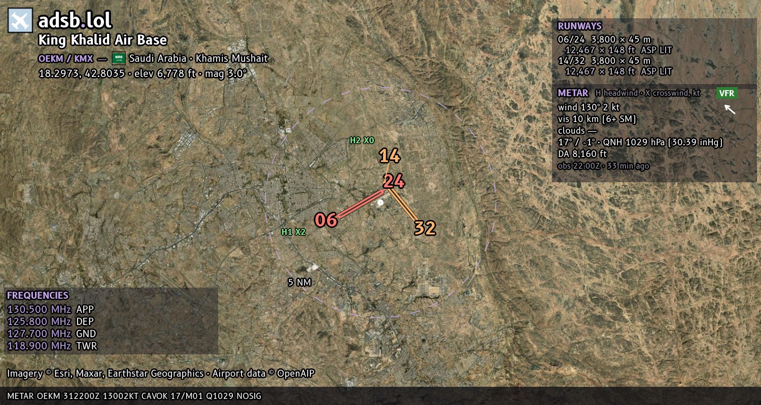 Satellite map with the runway layout of King Khalid Air Base (OEKM)