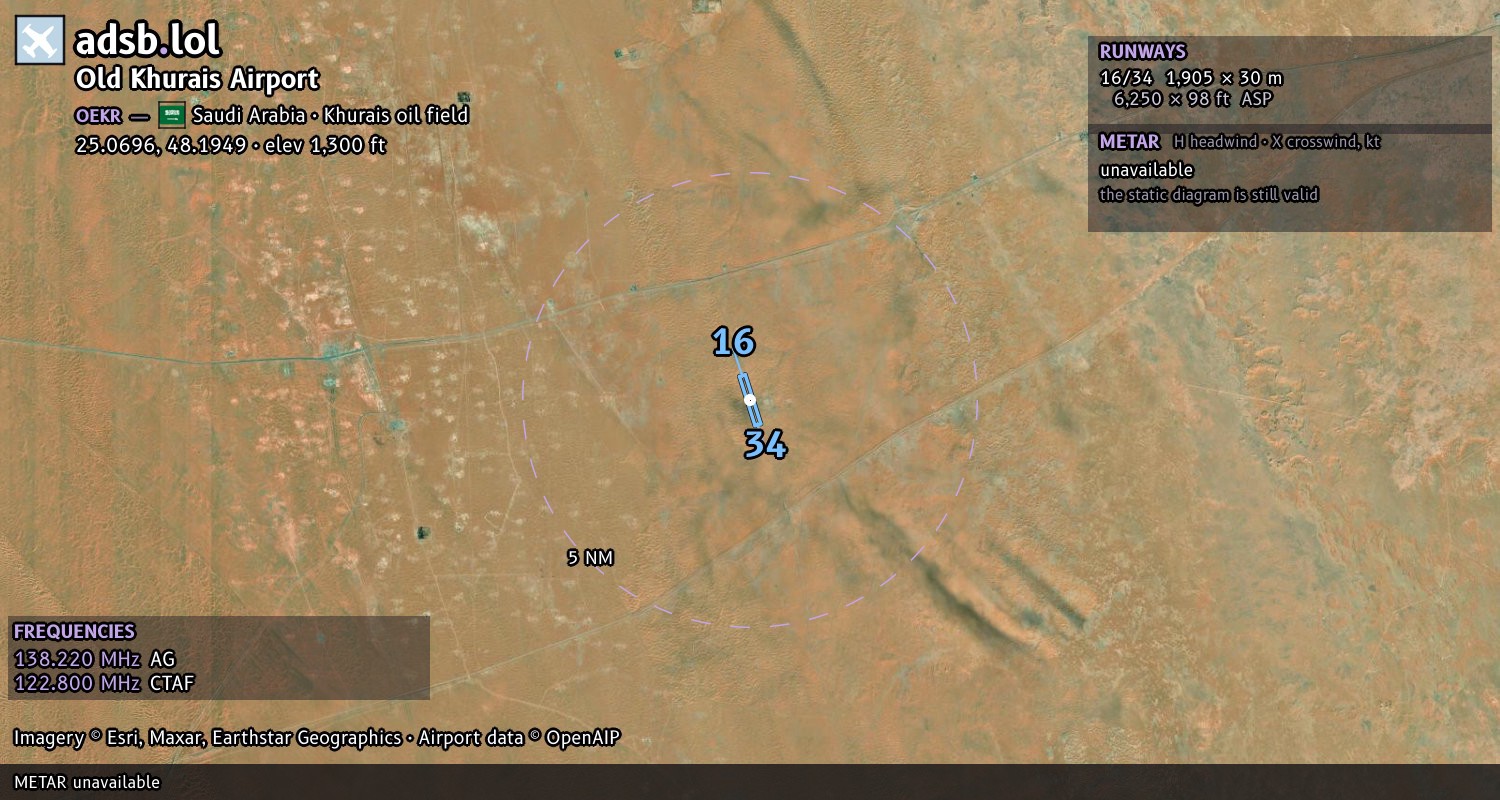 Satellite map with the runway layout of Old Khurais Airport (OEKR)