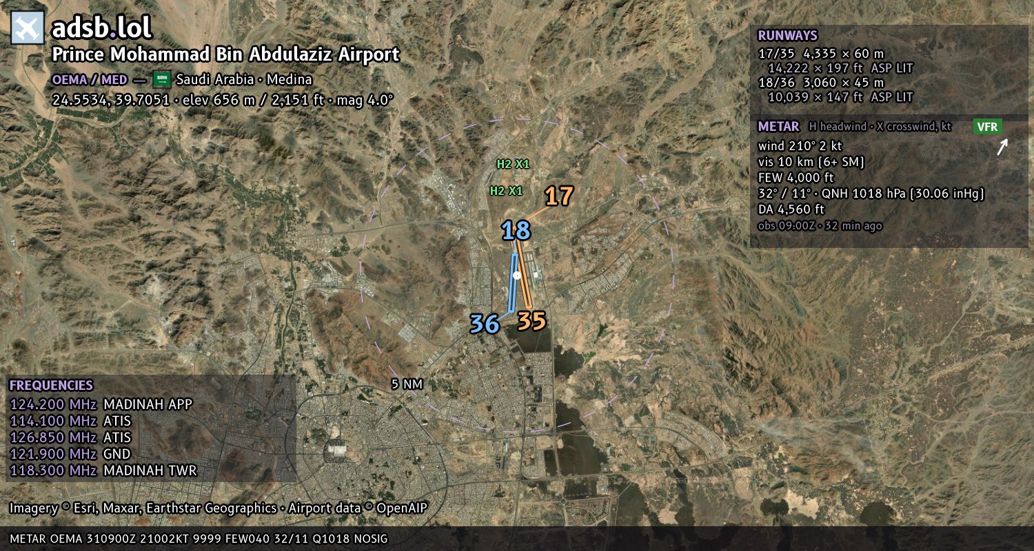 Satellite map with the runway layout of Prince Mohammad Bin Abdulaziz Airport (OEMA)
