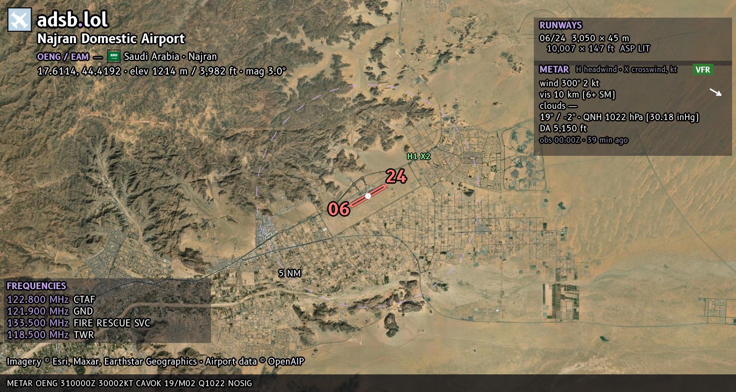 Satellite map with the runway layout of Najran Domestic Airport (OENG)