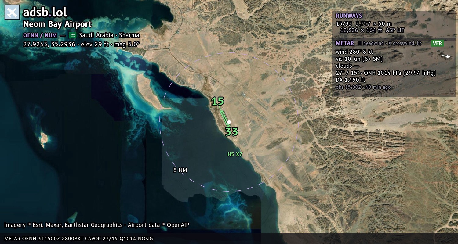 Satellite map with the runway layout of Neom Bay Airport (OENN)