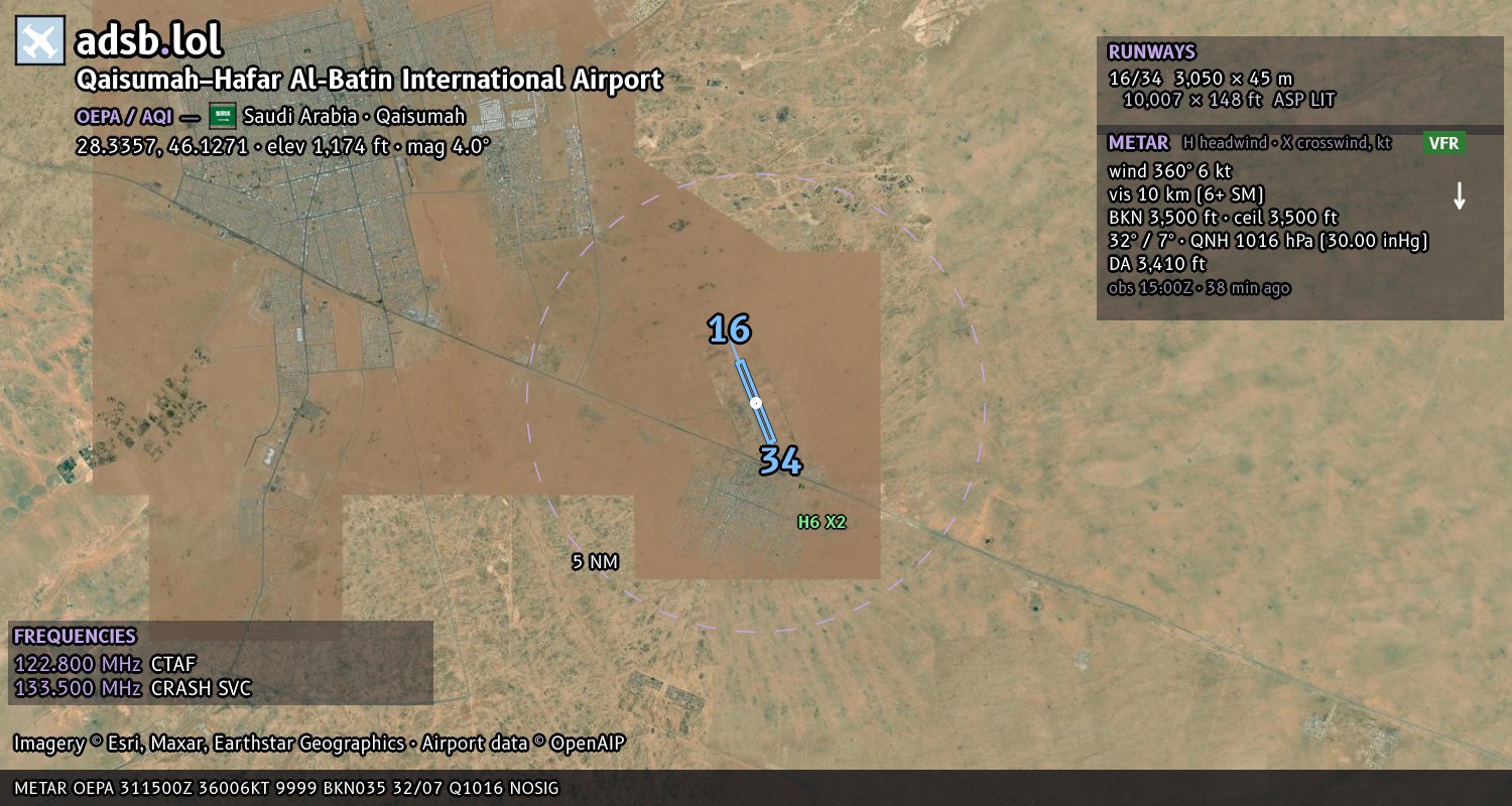 Satellite map with the runway layout of Qaisumah–Hafar Al-Batin International Airport (OEPA)