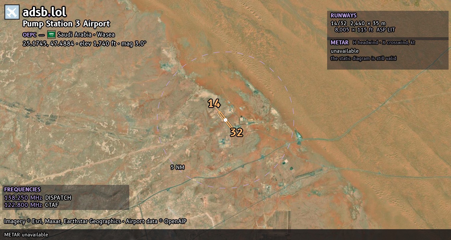Satellite map with the runway layout of Pump Station 3 Airport (OEPC)