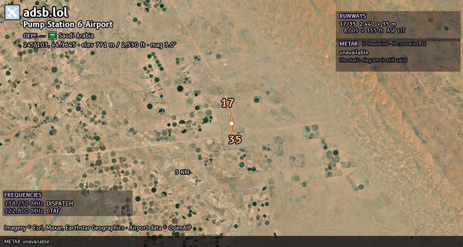 Satellite map with the runway layout of Pump Station 6 Airport (OEPF)