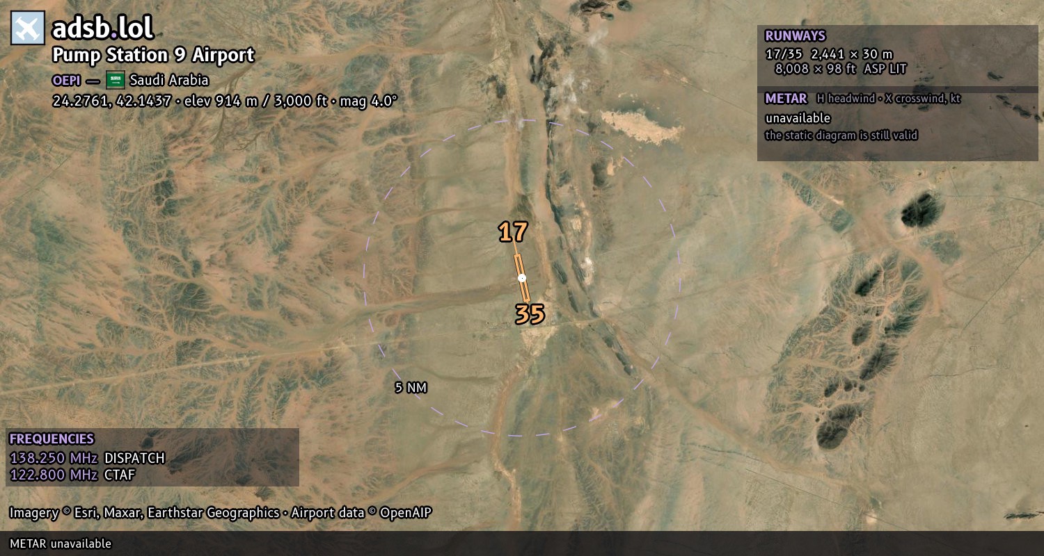 Satellite map with the runway layout of Pump Station 9 Airport (OEPI)