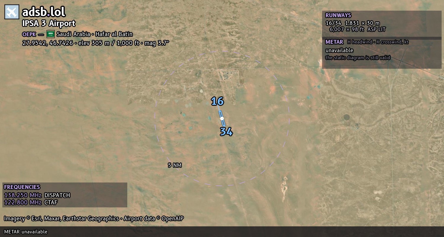 Satellite map with the runway layout of IPSA 3 Airport (OEPK)