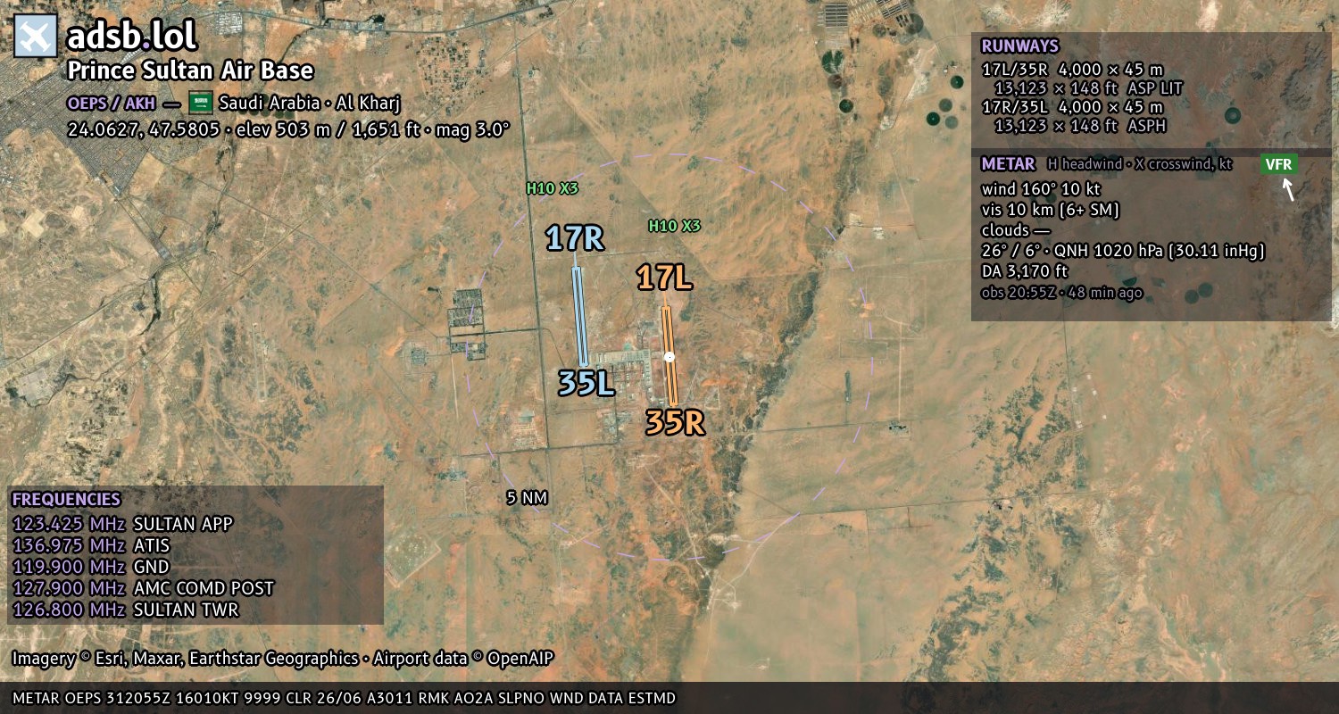 Satellite map with the runway layout of Prince Sultan Air Base (OEPS)