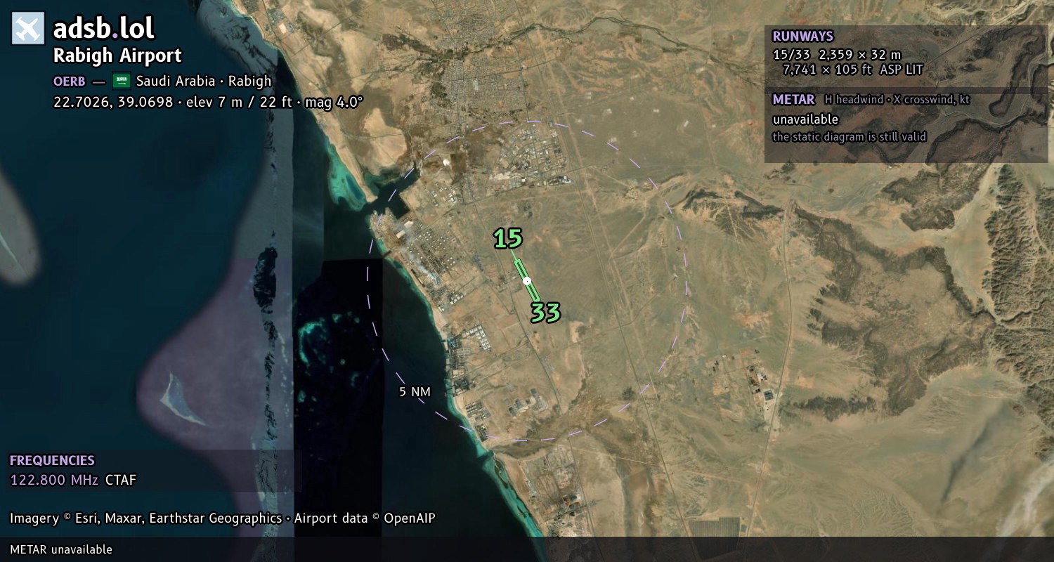 Satellite map with the runway layout of Rabigh Airport (OERB)