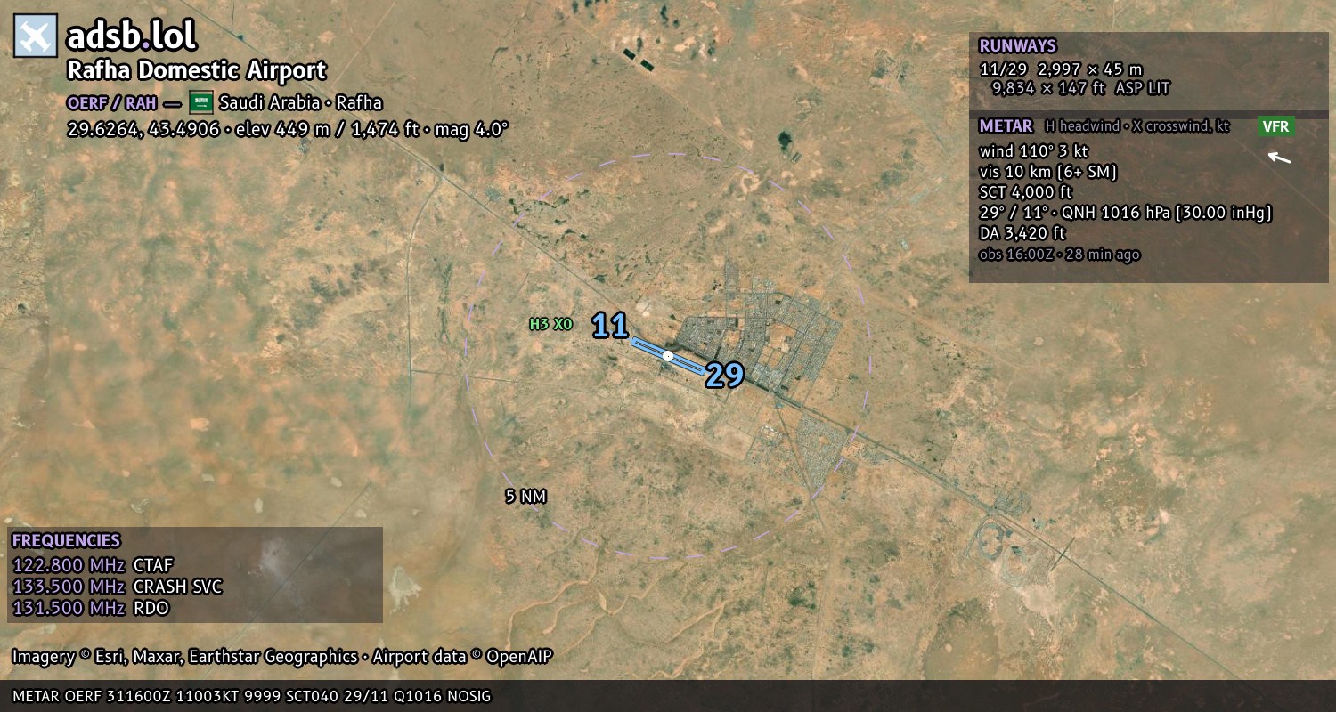 Satellite map with the runway layout of Rafha Domestic Airport (OERF)