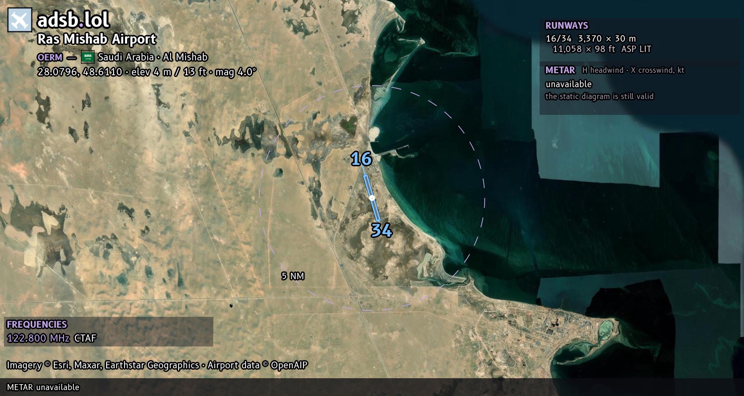 Satellite map with the runway layout of Ras Mishab Airport (OERM)