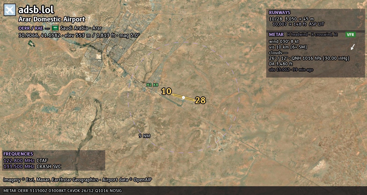 Satellite map with the runway layout of Arar Domestic Airport (OERR)