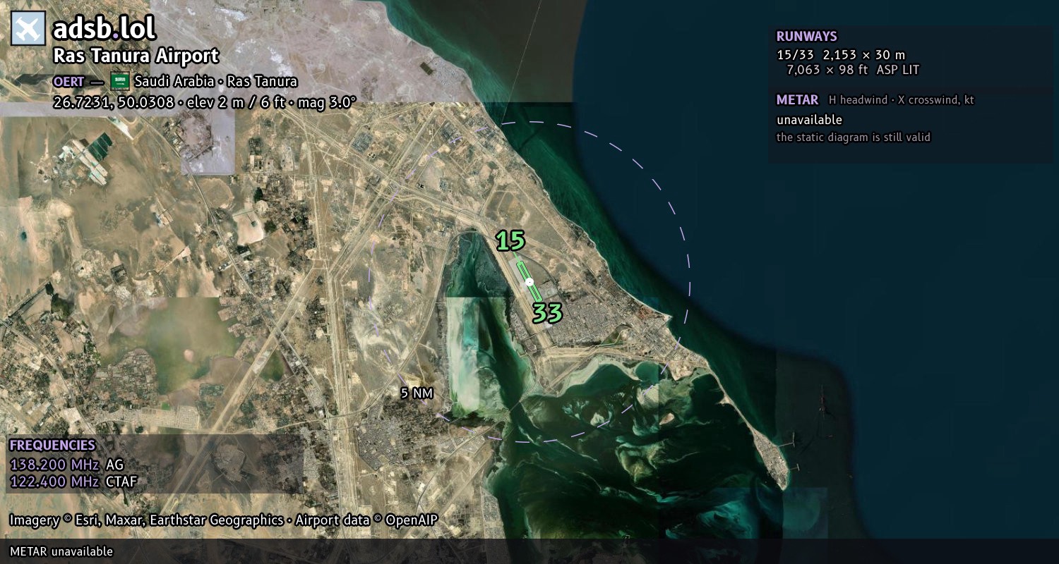 Satellite map with the runway layout of Ras Tanura Airport (OERT)