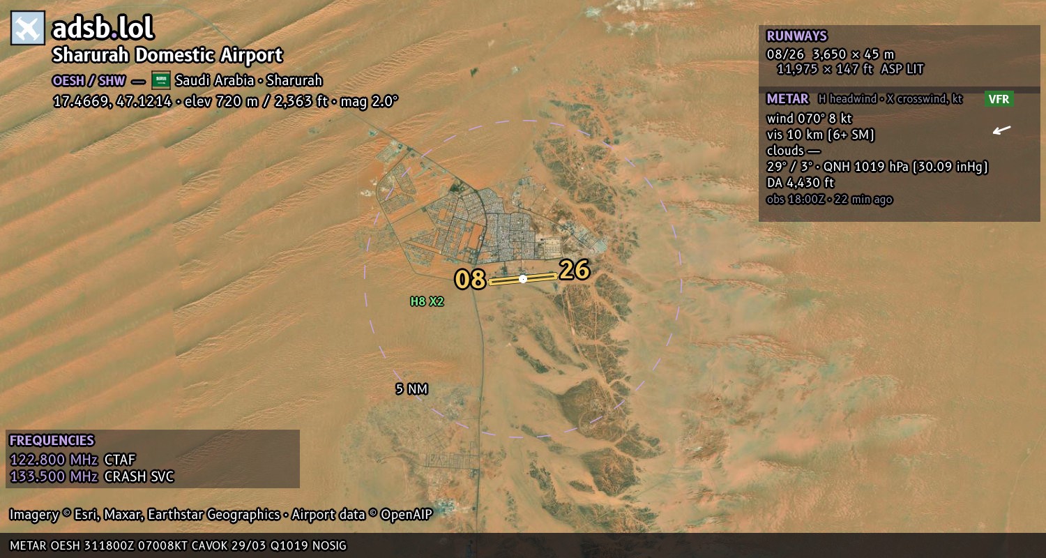 Satellite map with the runway layout of Sharurah Domestic Airport (OESH)