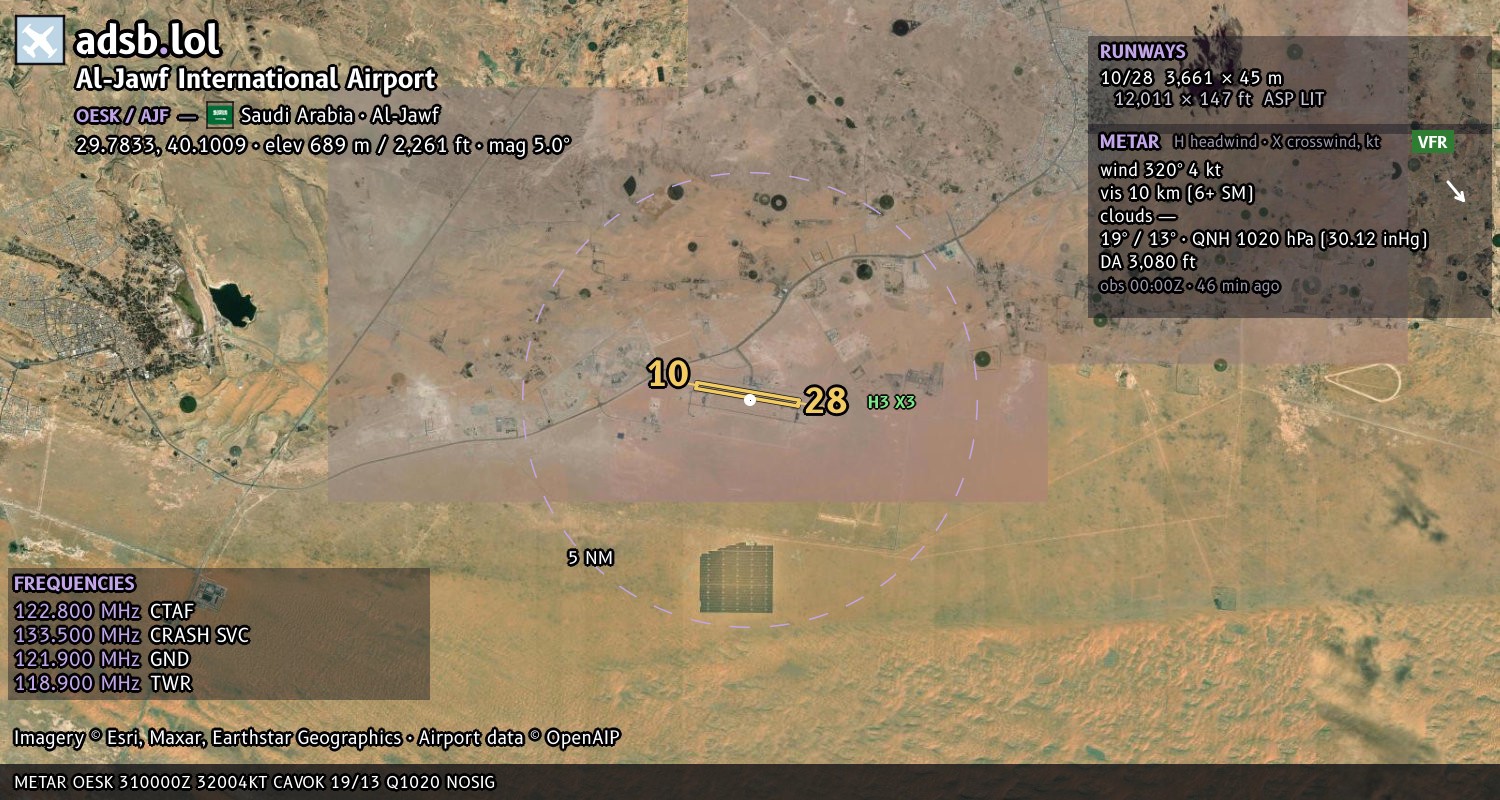 Satellite map with the runway layout of Al-Jawf International Airport (OESK)