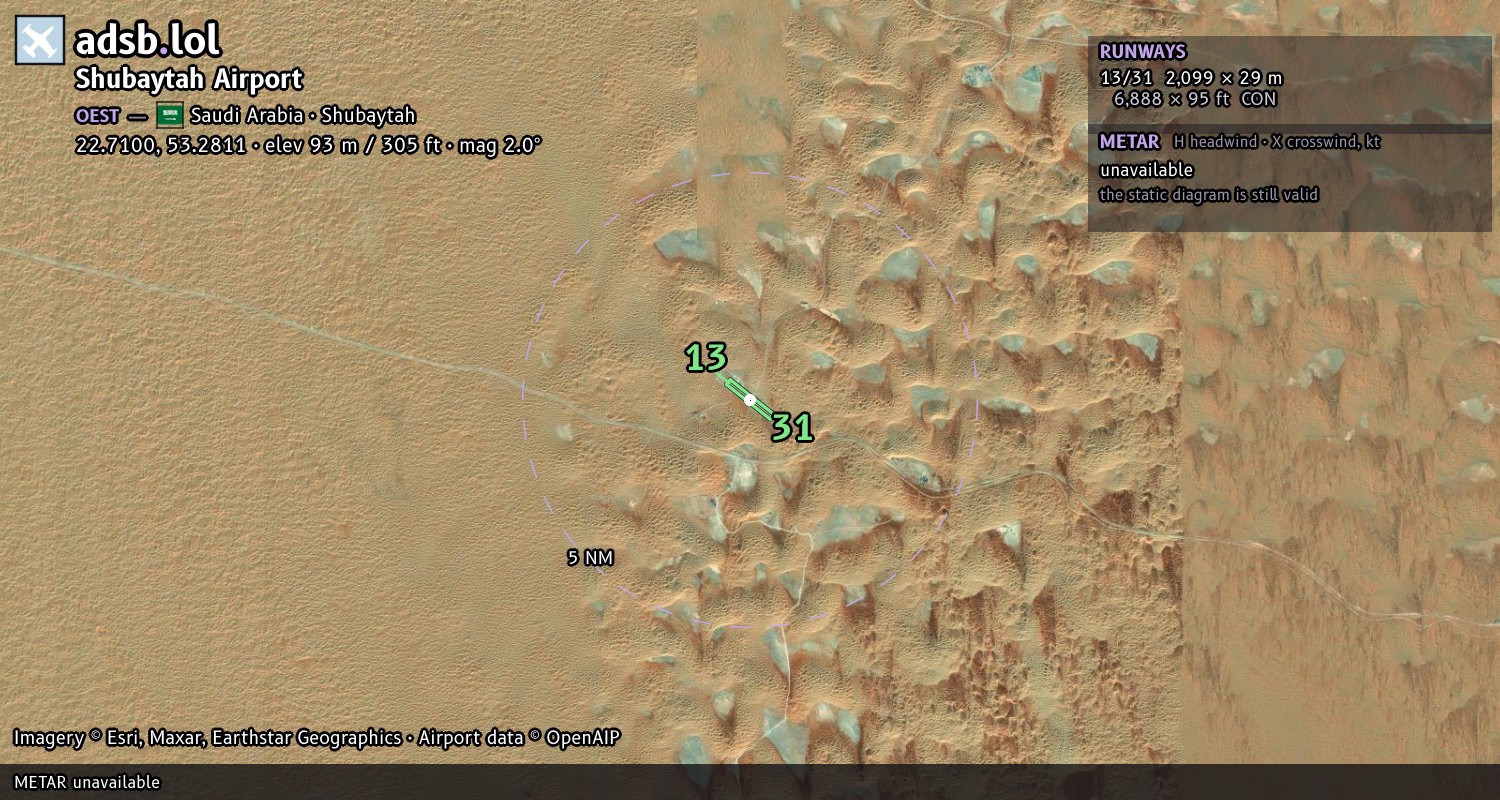 Satellite map with the runway layout of Shubaytah Airport (OEST)