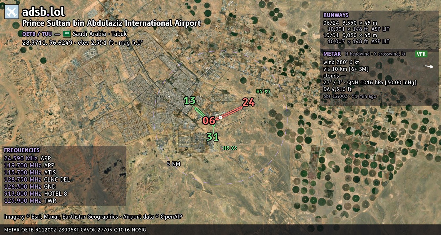Satellite map with the runway layout of Prince Sultan bin Abdulaziz International Airport (OETB)