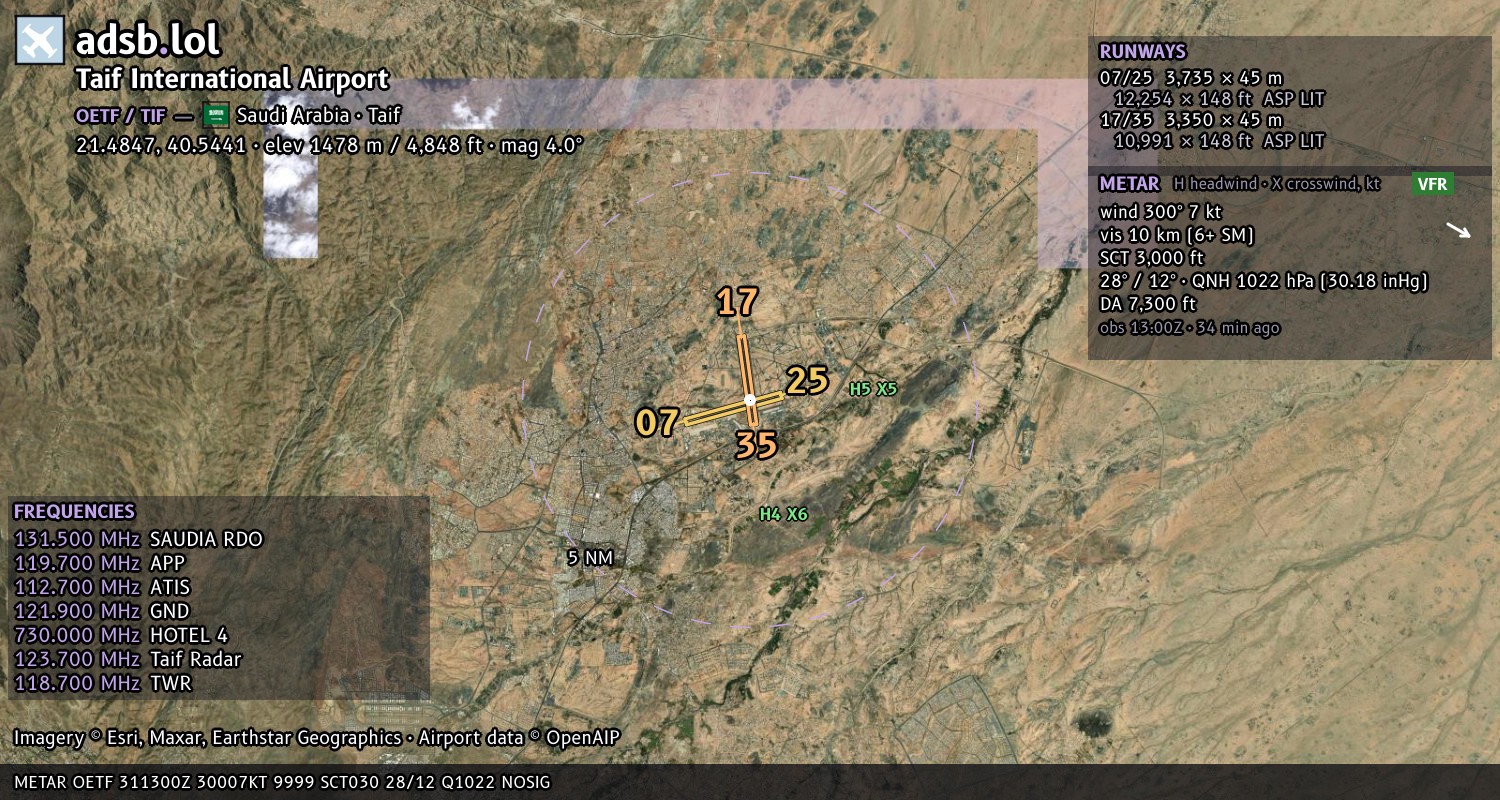 Satellite map with the runway layout of Taif International Airport (OETF)
