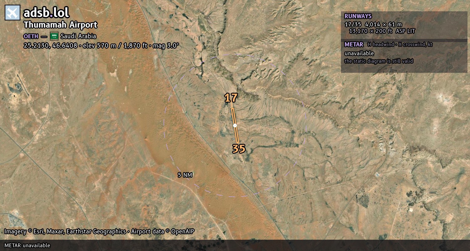 Satellite map with the runway layout of Thumamah Airport (OETH)