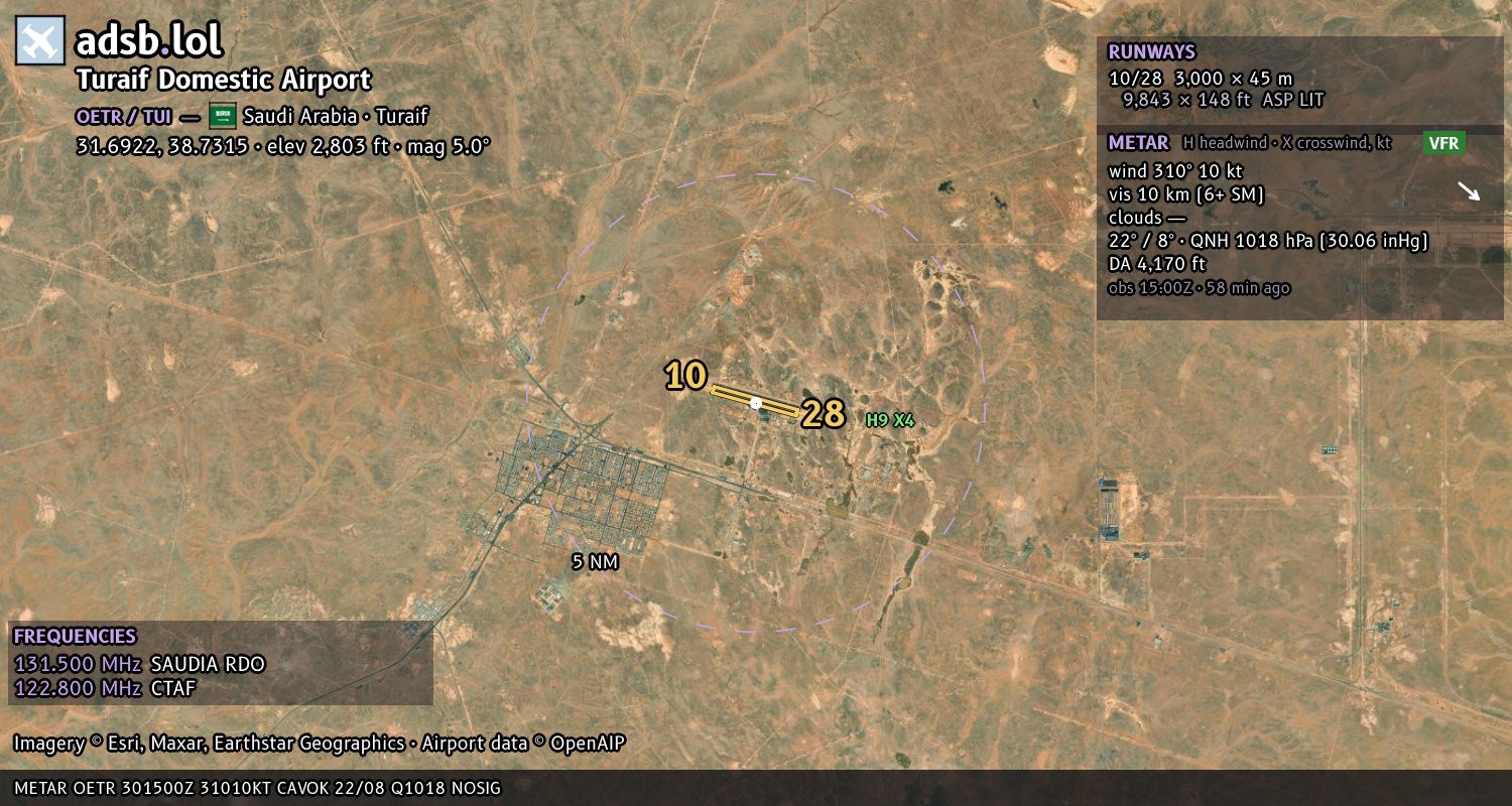 Satellite map with the runway layout of Turaif Domestic Airport (OETR)
