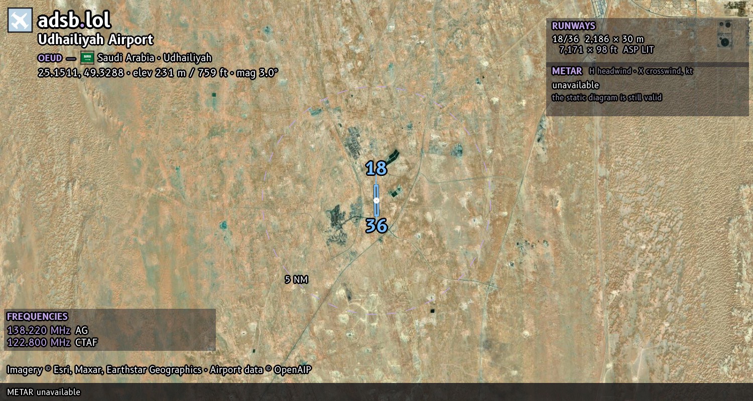 Satellite map with the runway layout of Udhailiyah Airport (OEUD)