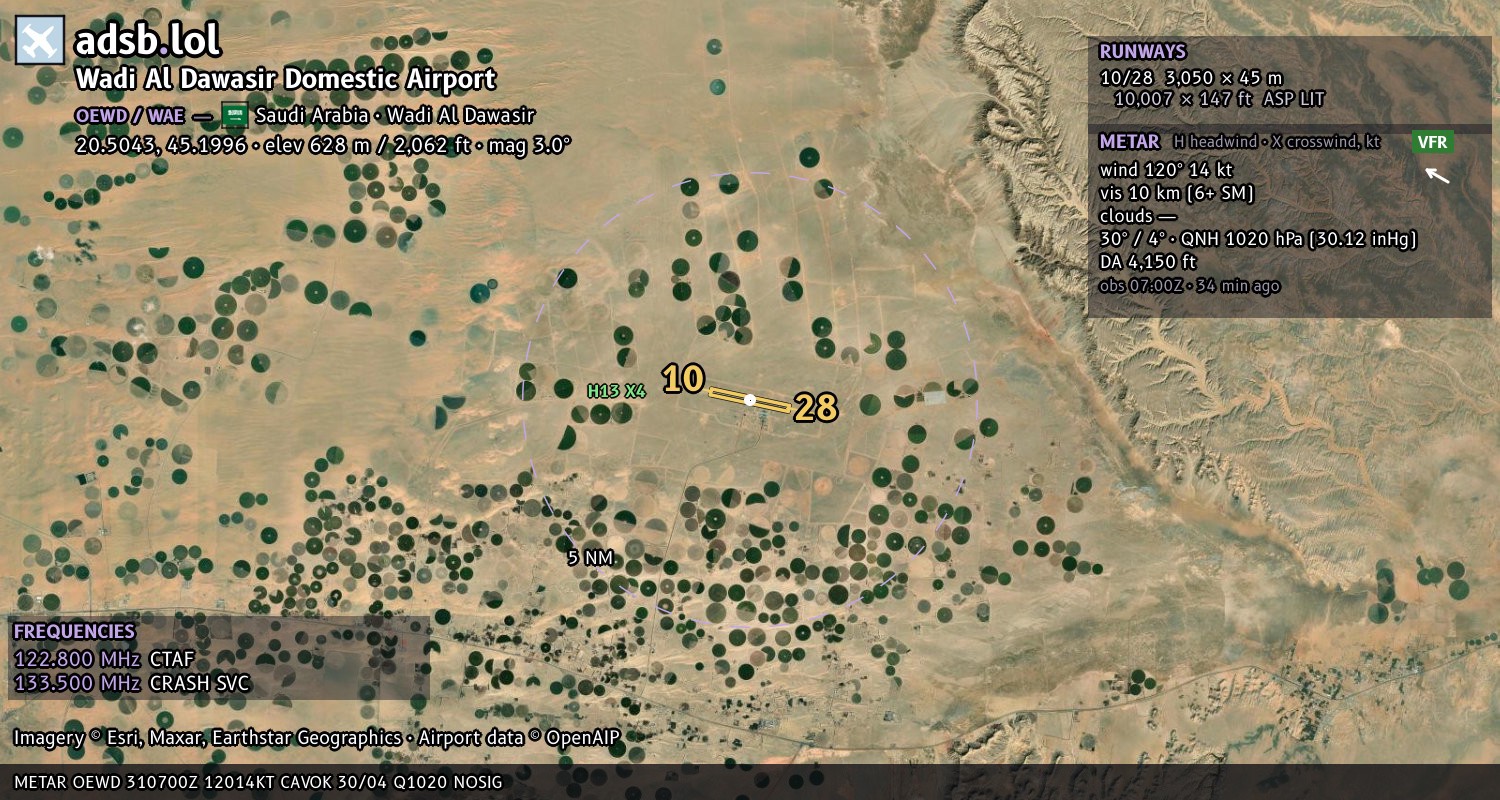 Satellite map with the runway layout of Wadi Al Dawasir Domestic Airport (OEWD)