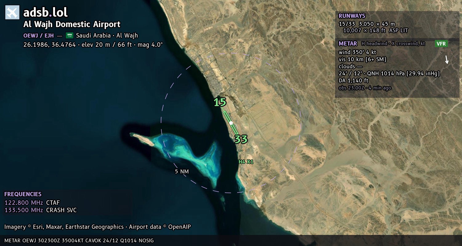 Satellite map with the runway layout of Al Wajh Domestic Airport (OEWJ)