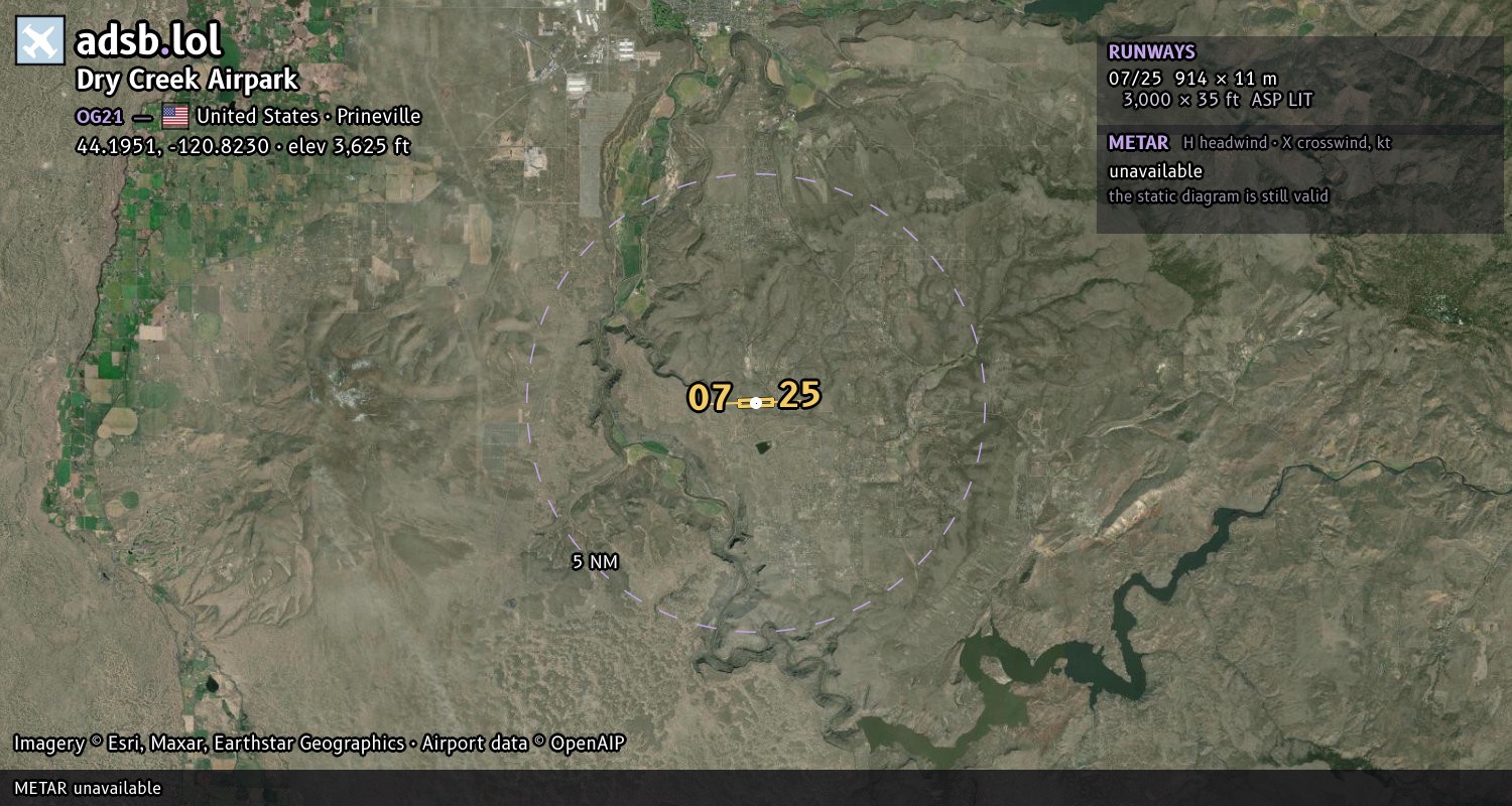 Satellite map with the runway layout of Dry Creek Airpark (OG21)
