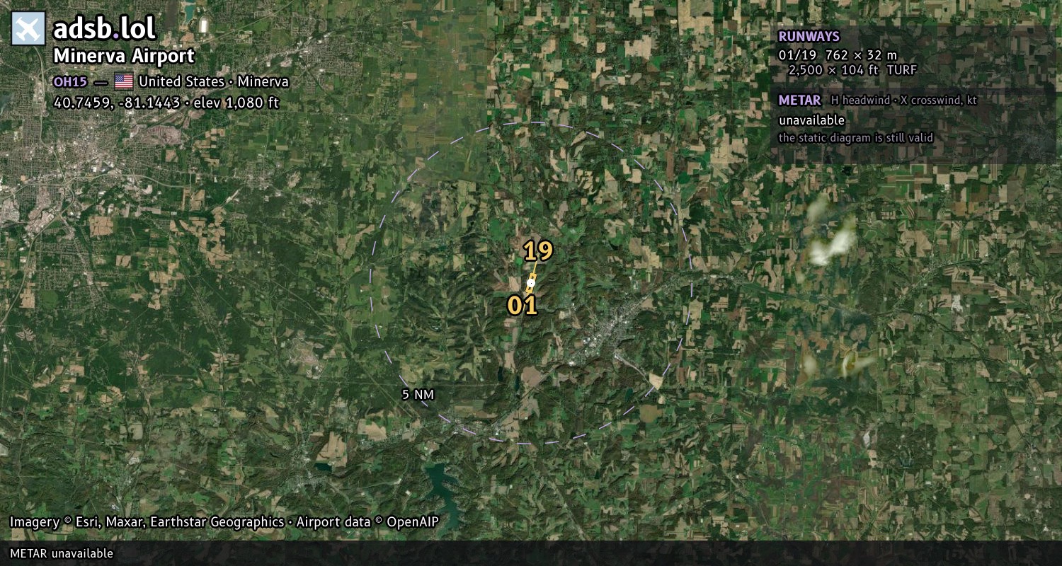 Satellite map with the runway layout of Minerva Airport (OH15)