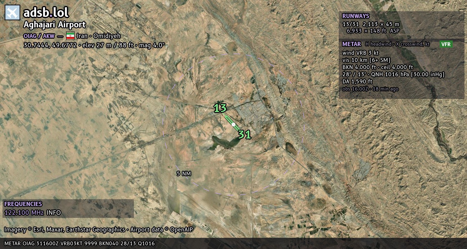 Satellite map with the runway layout of Aghajari Airport (OIAG)