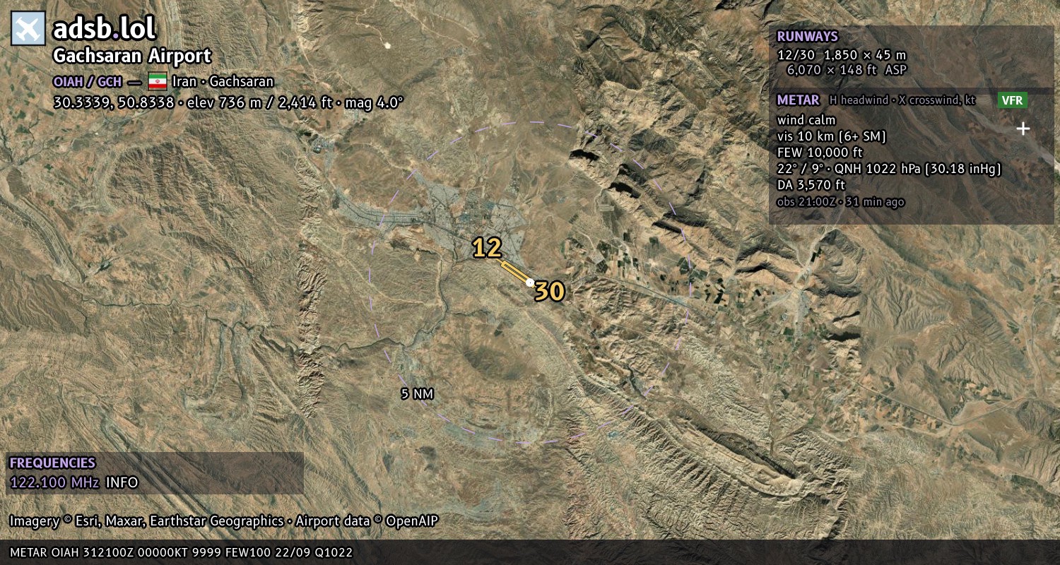 Satellite map with the runway layout of Gachsaran Airport (OIAH)