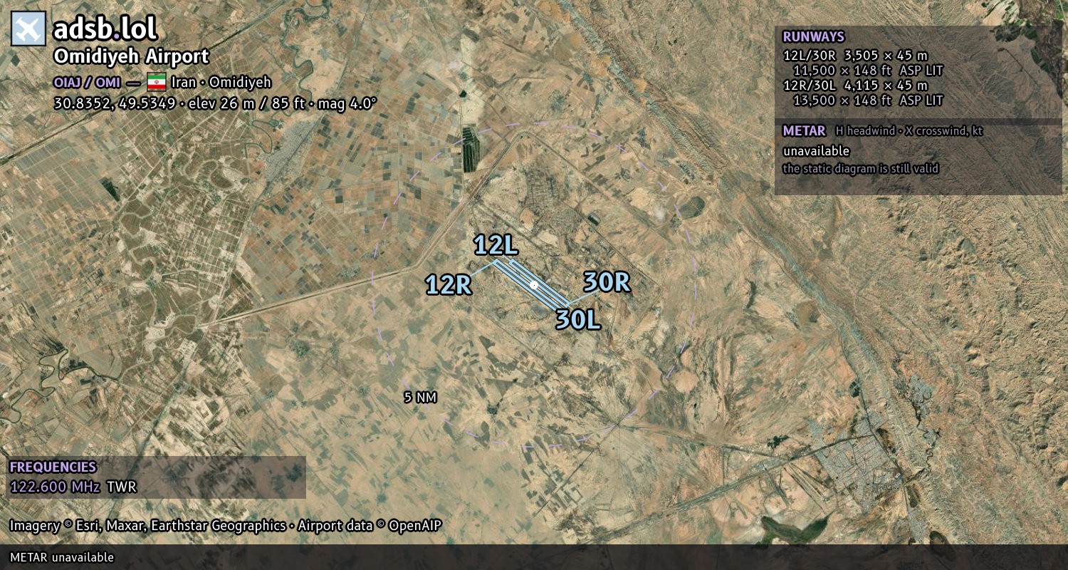 Satellite map with the runway layout of Omidiyeh Airport (OIAJ)