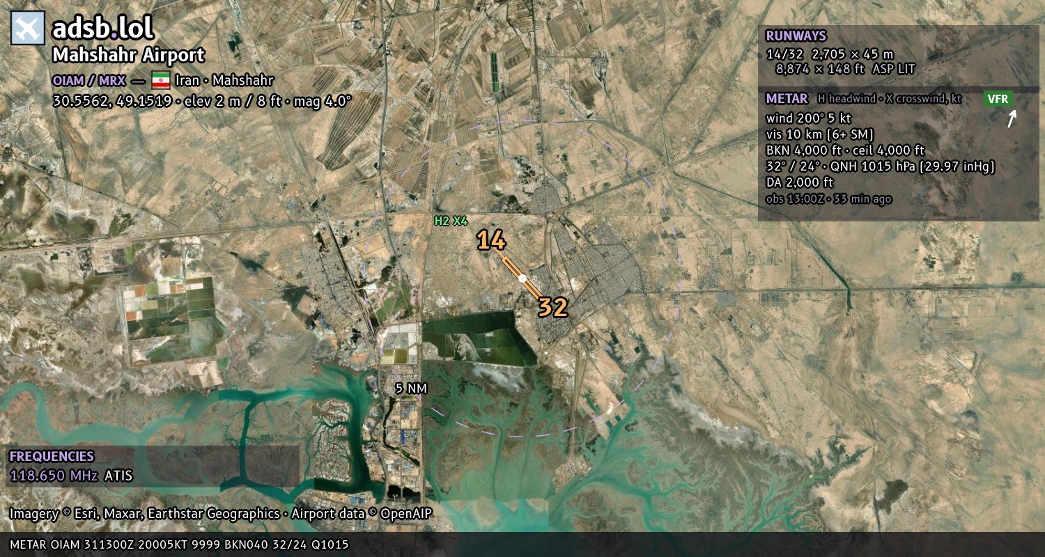 Satellite map with the runway layout of Mahshahr Airport (OIAM)