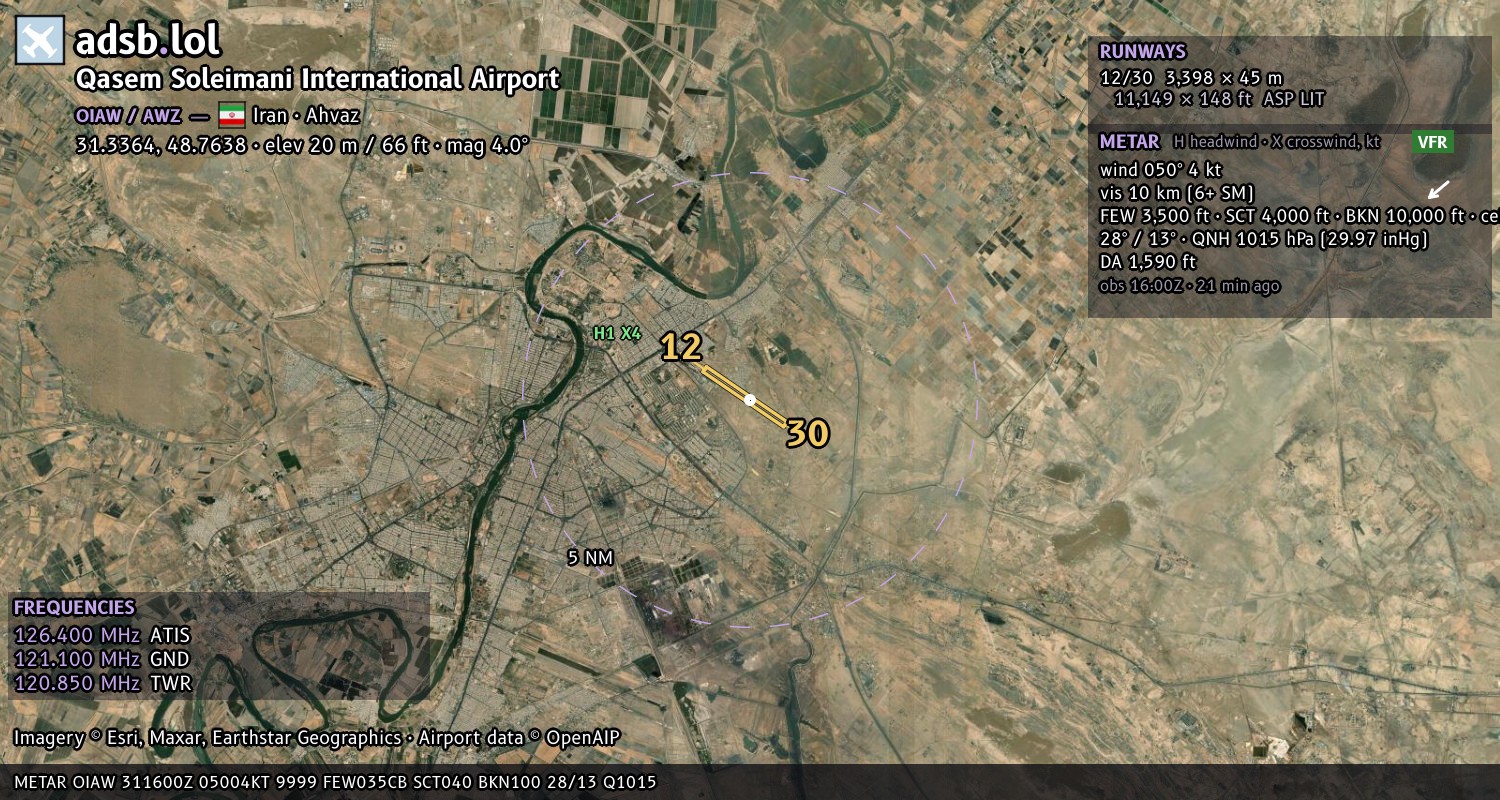Satellite map with the runway layout of Qasem Soleimani International Airport (OIAW)