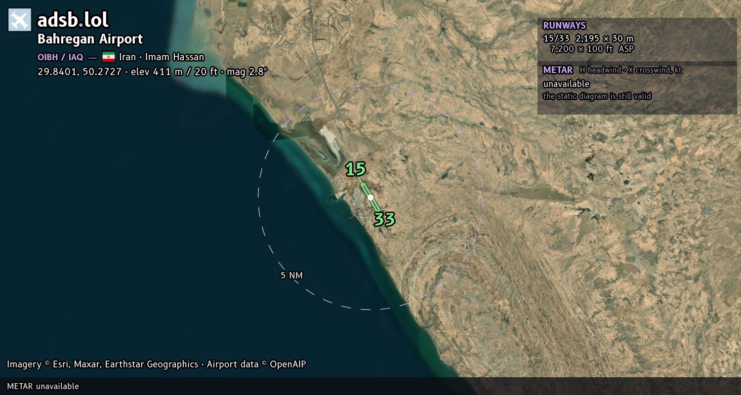 Satellite map with the runway layout of Bahregan Airport (OIBH)
