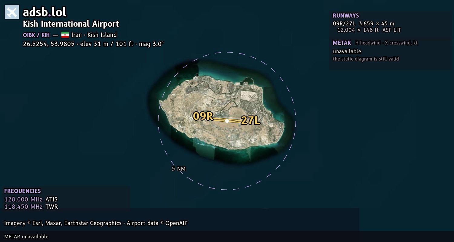 Satellite map with the runway layout of Kish International Airport (OIBK)