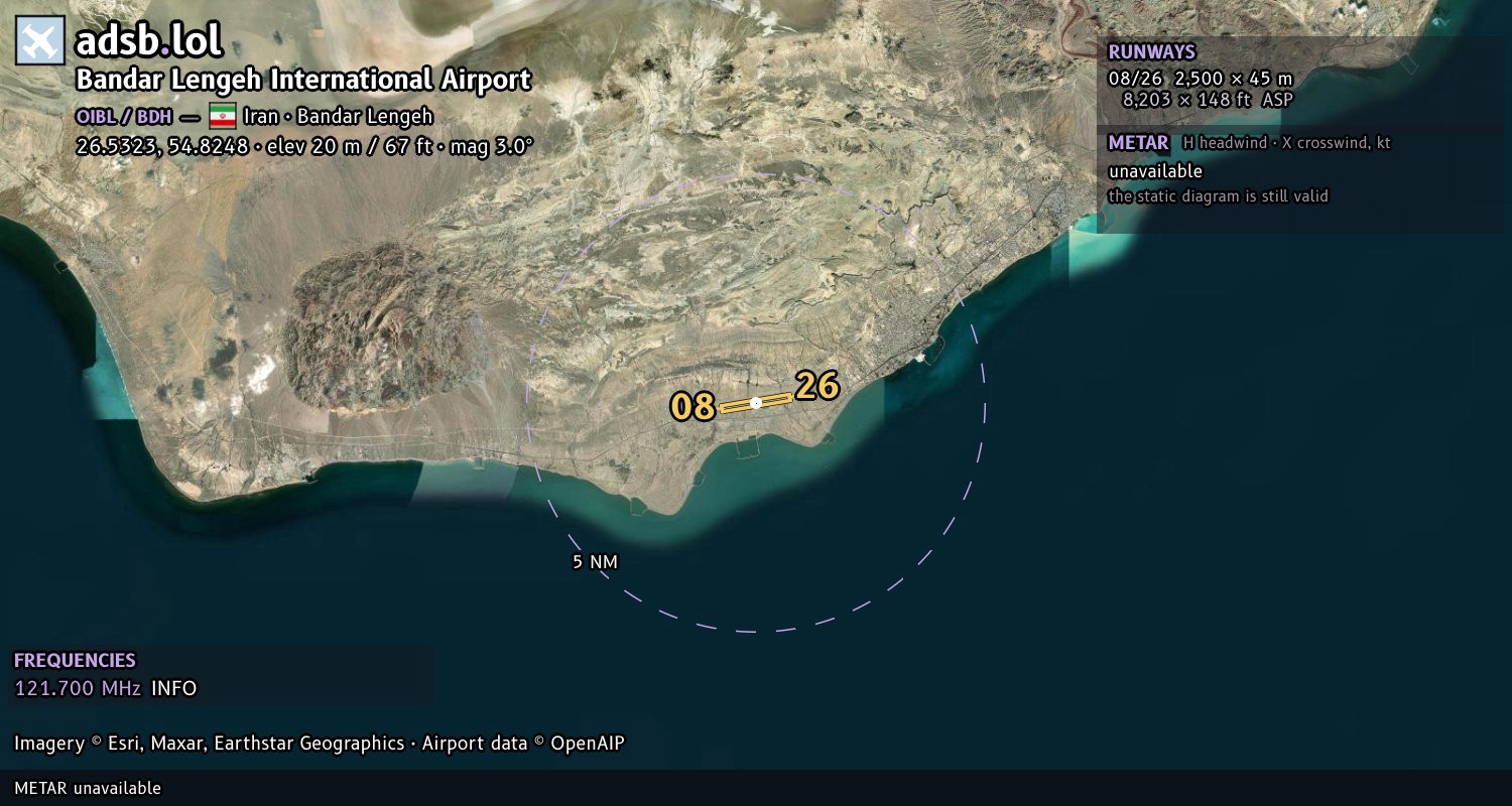 Satellite map with the runway layout of Bandar Lengeh International Airport (OIBL)