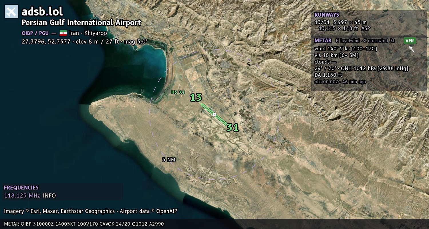 Satellite map with the runway layout of Persian Gulf International Airport (OIBP)