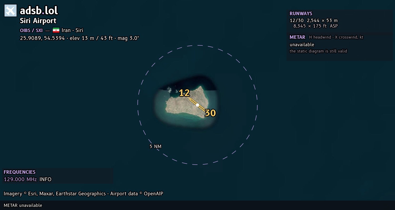 Satellite map with the runway layout of Siri Airport (OIBS)