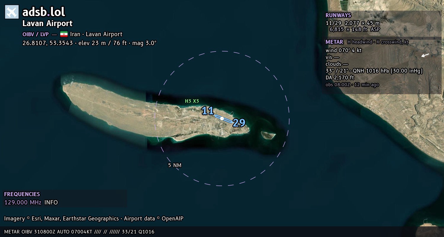 Satellite map with the runway layout of Lavan Airport (OIBV)