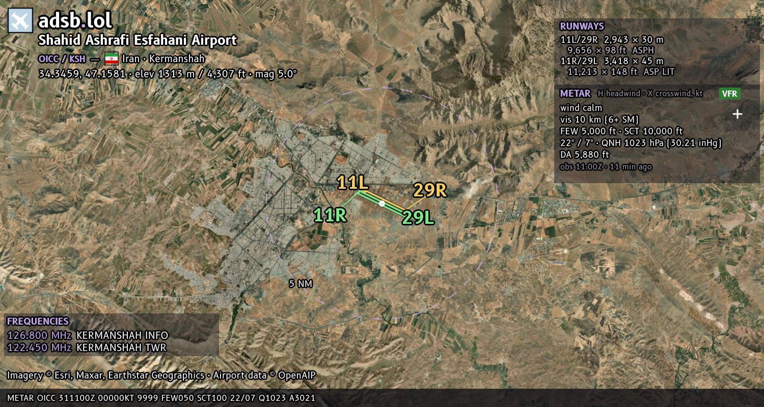 Satellite map with the runway layout of Shahid Ashrafi Esfahani Airport (OICC)