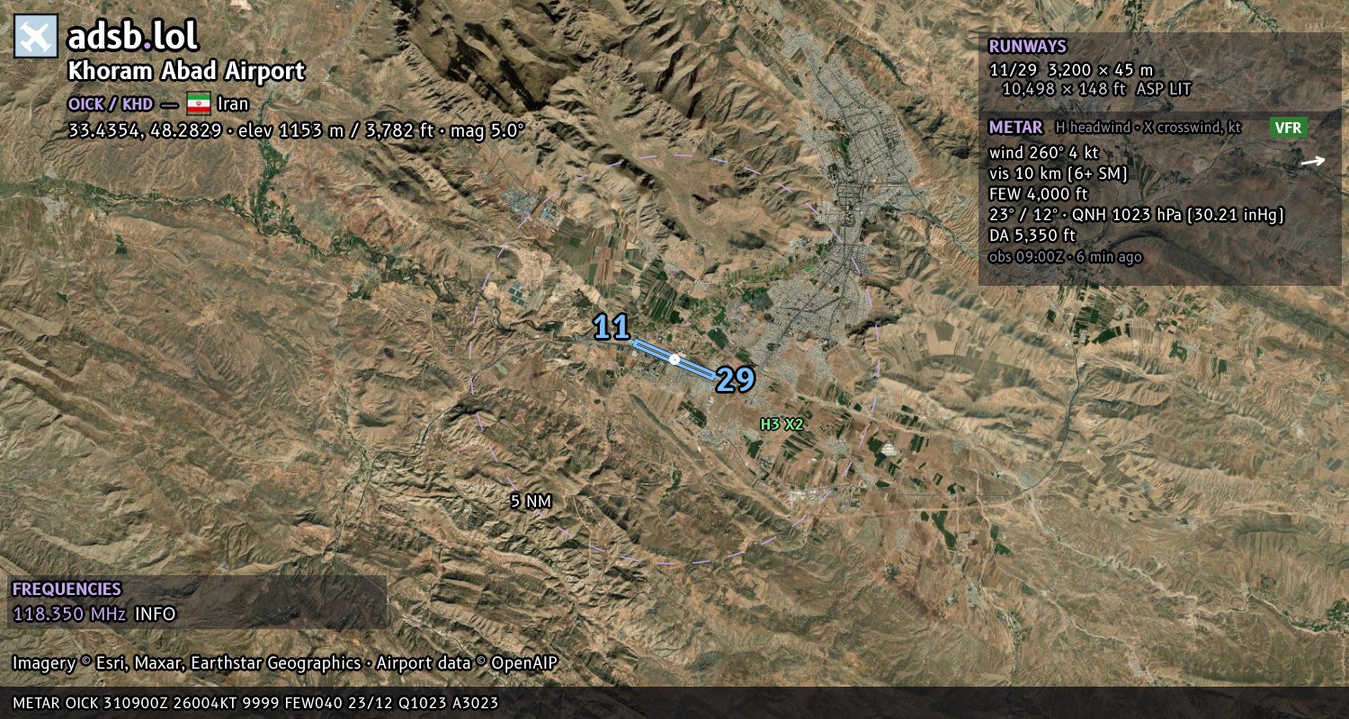 Satellite map with the runway layout of Khoram Abad Airport (OICK)